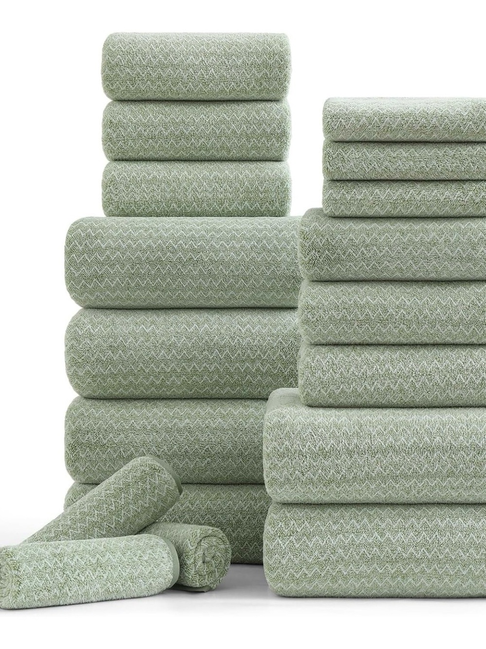 18 Piece Soft Sage Green Chevron Bath Towel Set - Microfiber